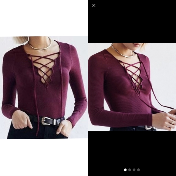 UO Project Social T Lace Up Ribbed Long Sleeve Tee Shirt - Picture 1 of 7